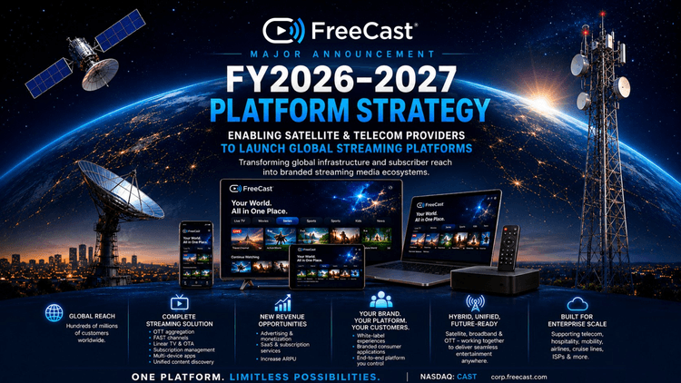 FreeCast FY2026-2027 Platform Strategy Graphic, showing how FreeCast enables satellite and Telecom providers to launch global streaming platforms.