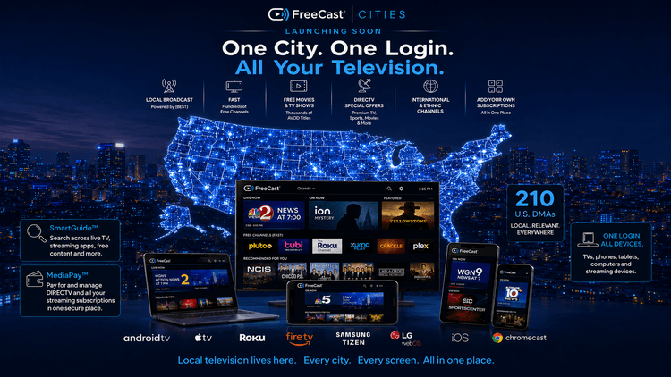 FreeCast Cities all-in-one streaming TV platform featuring local channels, free streaming channels, movies, DIRECTV offers, international content, SmartGuide, MediaPay, and access across TVs, phones, tablets, and computers.