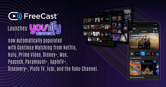 Banner showing the FreeCast platform across desktop, TV, tablets, and mobile devices, automatically populated with 'Continue Watching' from Netflix, Hulu, Prime Video, Disney+, Max, Peacock, Paramount+, AppleTV+, Discovery+, Pluto TV, Tubi, and the Roku Channel.