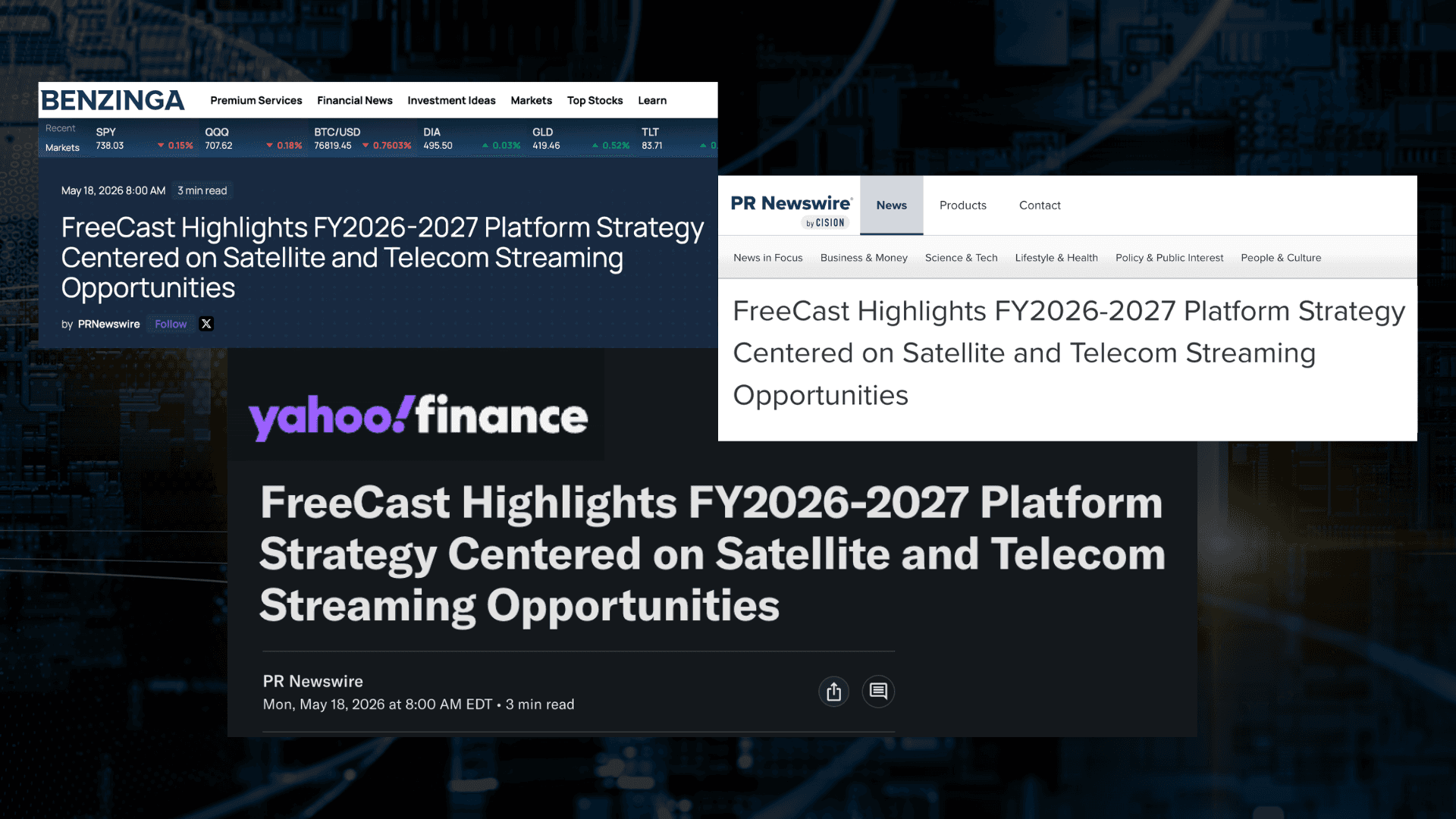 Benzinga, Yahoo Finance, and PR Newswire headlines "FreeCast Highlights FY2026–2027 Platform Strategy Centered on Satellite and Telecom Streaming Opportunities"