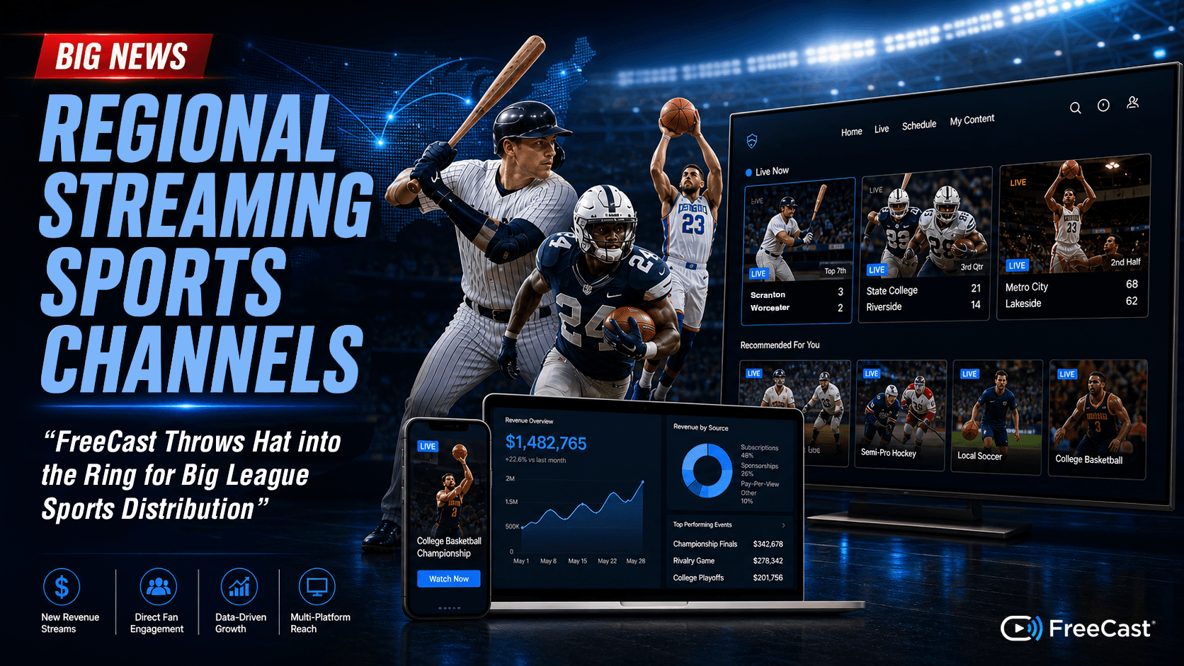 Graphic banner showing FreeCast throwing its hat into the ring for big league sports distribution.