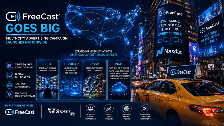 FreeCast launches nationwide advertising campaign showcasing streaming platform technology, telecom and broadband PaaS solutions, regional sports streaming channels, digital out-of-home advertising, and visibility across America's largest media markets.